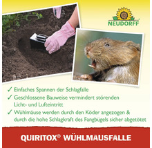 Quiritox Wühlmausfalle in Anwendung mit Neudorff Logo