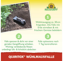 Anleitung zur Verwendung der Quiritox Wühlmausfalle von Neudorff, die in einem Garten aufgestellt wird