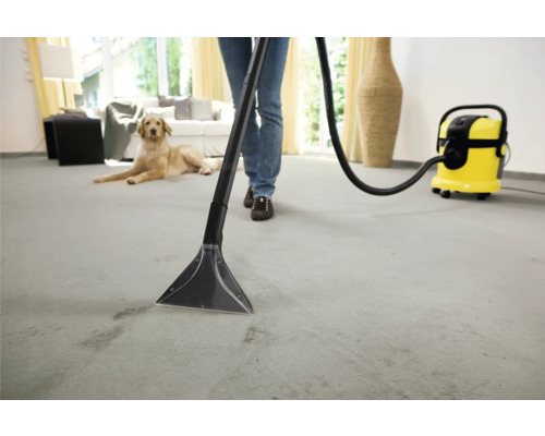 Person reinigt Teppich mit Waschsauger in heller Wohnumgebung