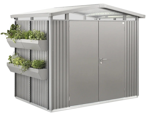 Metall Gerätehaus mit Pflanzkästen für den Garten