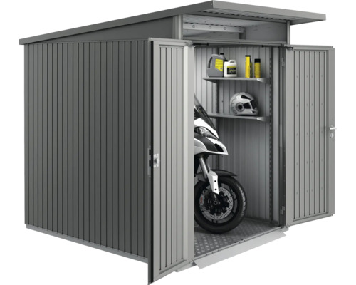 Metall Gerätehaus mit Motorrad, Regalen, Ölen und Helm