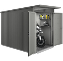 Metall Gerätehaus mit geöffneten Türen, Motorrad, Helm und Regalen