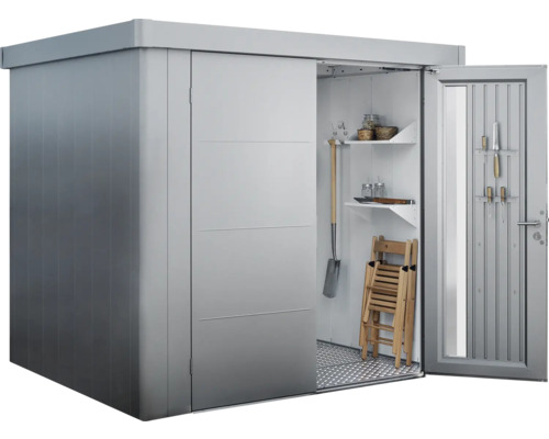 Metall Gerätehaus mit Schiebetür und offen stehender Tür