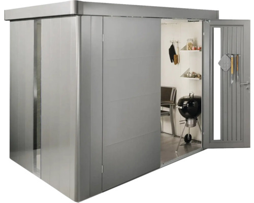 Gartenschrank aus Metall mit Schiebetüren und geöffneter Tür mit Grill und Regalen