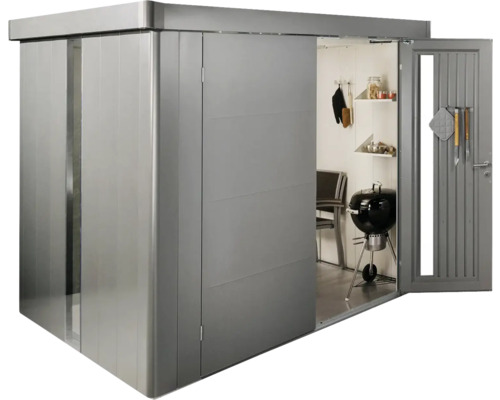 Metall Geräteschuppen mit geöffneter Tür, innen Grill und Regal