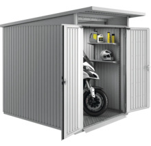 Metall Gerätehaus mit geöffneten Türen, Motorrad und Regalen