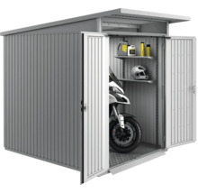 Metall Gerätehaus mit geöffneten Türen, Motorrad und Regalen