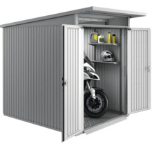 Metall Gerätehaus mit geöffneten Türen, Motorrad und Regalen