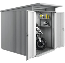 Metall Gerätehaus mit geöffneten Türen und Motorrad