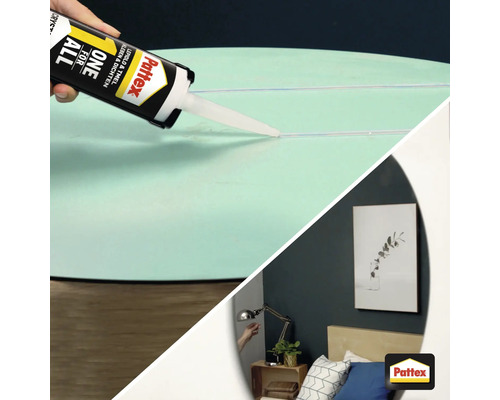 Anwendung von Pattex Kleben Dichten Dichtstoff mit Montagekleber auf einer Oberfläche und ein Schlafzimmer mit Dekoration