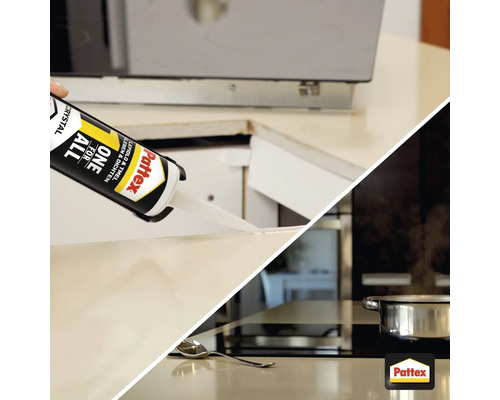Auftragen von transparentem Montagekleber in einer Küche, Pattex Logo