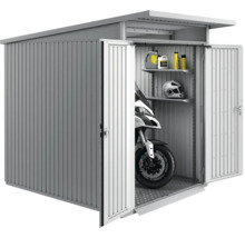 Metall Gerätehaus mit geöffneten Türen, Regalen, Motorrad und Zubehör