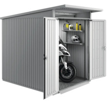 Metall Gerätehaus mit geöffneten Türen, Motorrad und Regalen