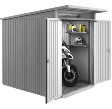 Metall Gerätehaus mit geöffneten Türen, Motorrad, Regalen und Zubehör