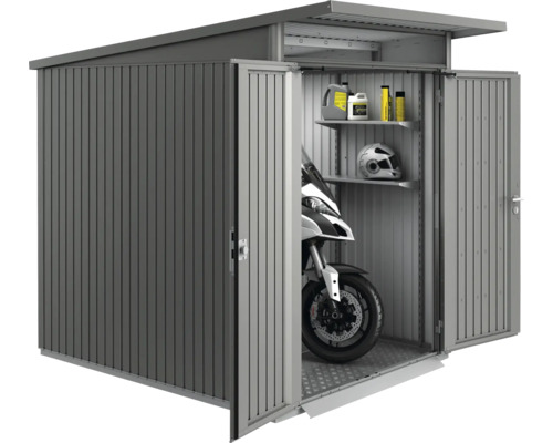 Metall Gerätehaus mit Motorrad, Regalen und Zubehör