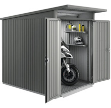 Metallgerätehaus mit Motorrad, Regalen und Zubehör