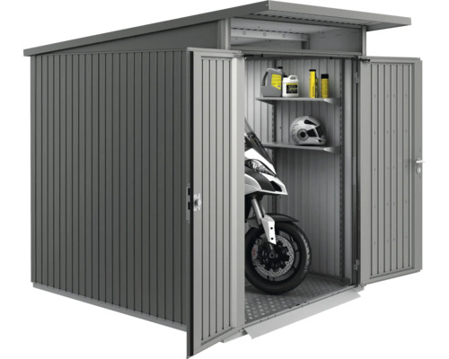 Metallgerätehaus mit Motorrad, Regalen und Zubehör