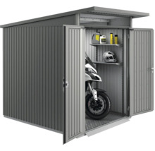 Motorradgarage aus Metall mit geöffneten Türen, Motorrad und Regalen