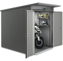 Metall Gerätehaus mit geöffneten Türen, Motorrad und Regalen