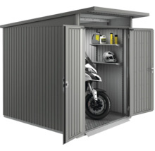 Metall Gerätehaus mit Motorrad, Regalen, Motoröl und Helm