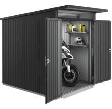 Metall Gerätehaus mit Motorrad, Regalen und geöffneten Türen