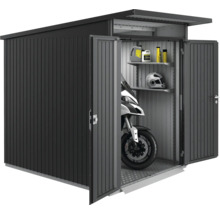 Metall Gerätehaus mit Motorrad, Regalen, Ölen und Helm