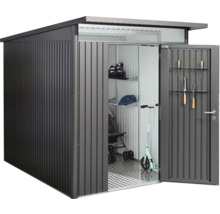 Metall Gerätehaus mit geöffneter Tür und Gartengeräten