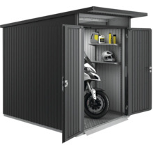 Metallgerätehaus mit geöffneten Türen, Motorrad und Regalen