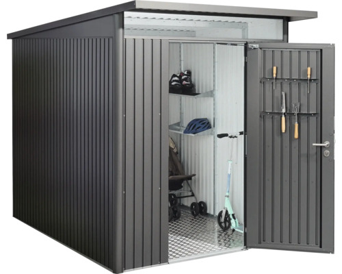 Metall Gerätehaus mit geöffneter Tür und Regalen