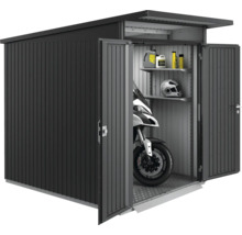 Metallgerätehaus mit Motorrad, Regalen und Zubehör