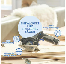Akkubetriebene Kompaktkreissäge mit Laserlinienführung und Führung für Schrägschnitte