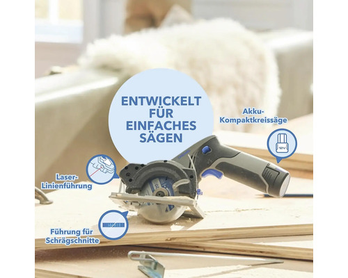 Akkubetriebene Kompaktkreissäge mit Laserlinienführung und Führung für Schrägschnitte