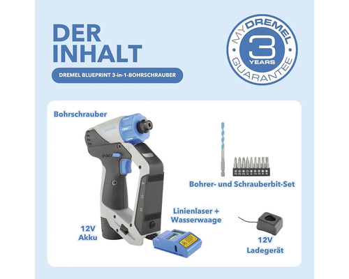 Dremel Blueprint 3-in-1 Akku-Bohrschrauber Set mit Bohrer- und Schrauberbit-Set, Akku, Ladegerät, Linienlaser und Wasserwaage