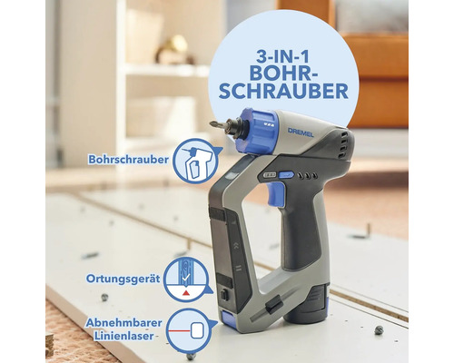 Dremel Akku Bohrschrauber mit Bohrschrauberfunktion, Ortungsgerät und abnehmbarem Linienlaser
