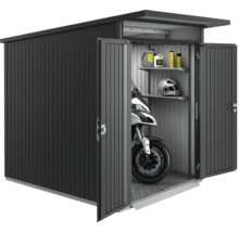 Geräumiger Geräteschuppen mit Motorrad, Regalen und Zubehör