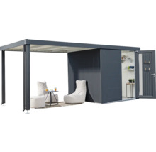 Modernes Gartenhaus mit Überdachung, Sitzgelegenheit und offenstehender Tür zum Innenraum