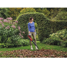 Frau benutzt einen Laubsauger im Garten, um Laub zu entfernen.