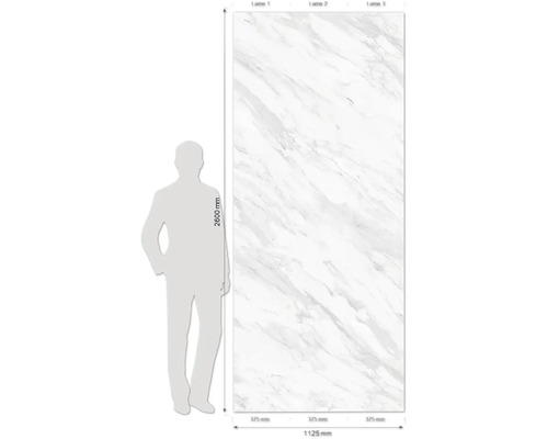 Dekorplatte mit Marmoroptik, 2600 x 1125 Millimeter, zur Illustration der Größenverhältnisse mit einer menschlichen Silhouette dargestellt.