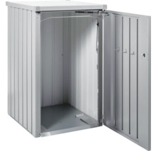 Geöffnete Mülltonnenbox aus Metall zur Mülltonnenaufbewahrung