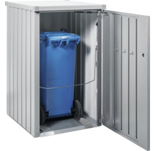Mülltonnenbox mit geöffneter Tür und blauer Mülltonne