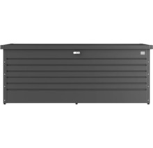 Graue Gartenbox zur Aufbewahrung von Gartengeräten und Gartenmöbelauflagen.