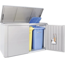 Mülltonnenbox mit zwei Mülltonnen und Gartengeräten