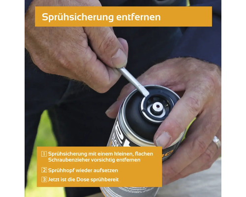 Entfernen der Sprühsicherung an einer Farbsprühdose mit Schraubenzieher