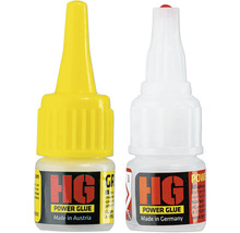 Zwei Flaschen HG Power Glue Klebstoff, hergestellt in Österreich und Deutschland