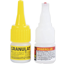 Zwei Flaschen Sekundenkleber, Granulat und Powerglue, nebeneinander