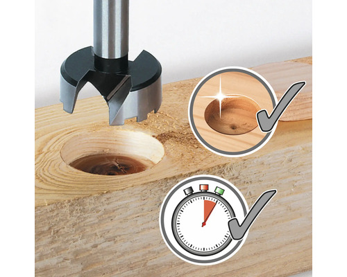 Forstnerbohrer bohrt ein Loch in Holz mit grafischen Elementen für ein sauberes Loch und schnelle Ergebnisse