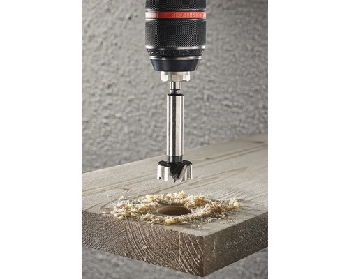 Forstnerbohrer bohrt Loch in Holz