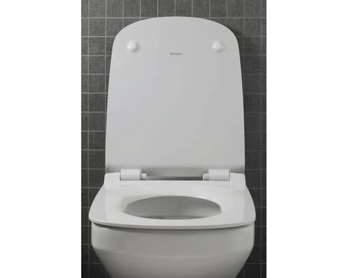 Weißer Toilettensitz mit Deckel von Duravit, leicht geöffnet