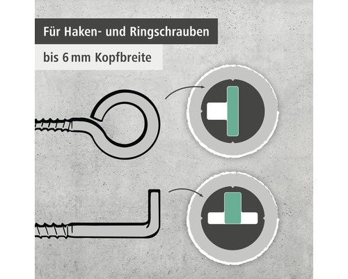 Illustration zur Verwendung von Haken- und Ringschrauben bis 6 Millimeter Kopfbreite