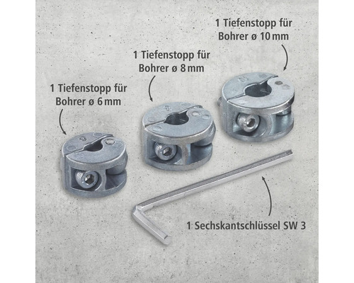 Set aus drei Tiefenstopps für Bohrer mit Durchmessern von 6 mm, 8 mm und 10 mm sowie einem 3 mm Inbusschlüssel